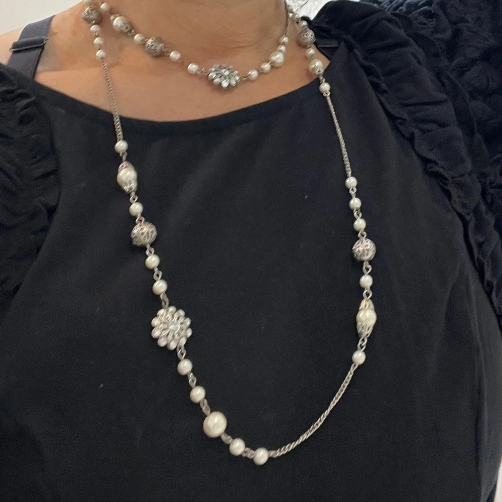 Silver and White Pearl Costume Jewelry Long Necklace